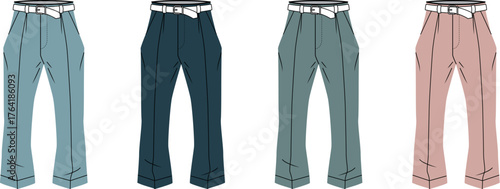Variety of men's stylish trousers in contemporary colors, including blue, navy, green, and pink, offering versatile fashion for casual and smart occasions, enhancing a modern wardrobe