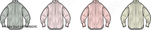 Four different colored long-sleeved collared shirts displayed from the back in a row