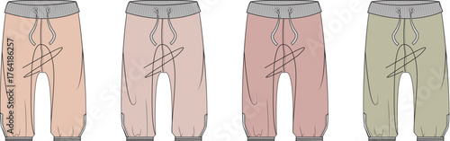 Set of four detailed fashion illustrations of stylish, comfortable, and versatile sweatpants in various pastel colors with cuffed ankles and drawstrings, perfect for casual wear