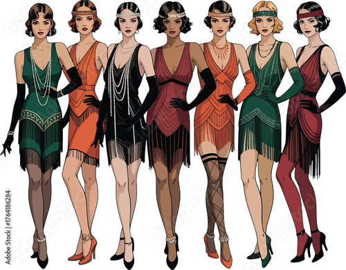 Flapper Women in Colorful Gowns and Accessories from 1920s