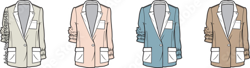 Set of women's casual blazers with rolled up sleeves shown in various colors. Fashion apparel illustration for wardrobe design concept and clothing mockups