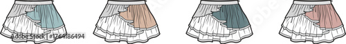 Four pleated skirts with different patterns and colors, illustration of women's clothing