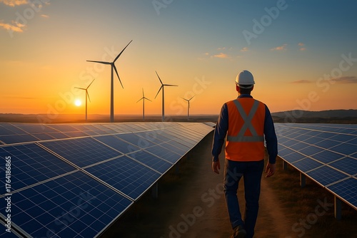 Fototapeta Naklejka Na Ścianę i Meble -  Futuristic renewable energy city with solar panels and wind turbines