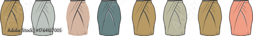 A vector fashion illustration set of a stylish women's draped wrap skirt presented in a variety of modern colorways for apparel design