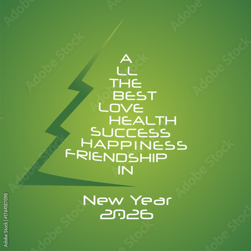 All the best in New Year 2026 white shining typography on cut out paper Christmas tree. Word cloud greeting text on green background