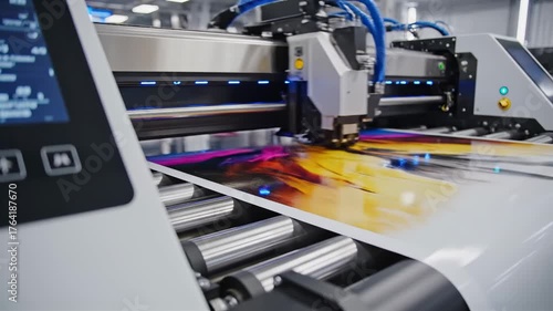 Large format printer operates to produce high-quality colorful prints. Modern industrial setting with clean lines and innovative design. Concept for printing services, graphic design, advertising