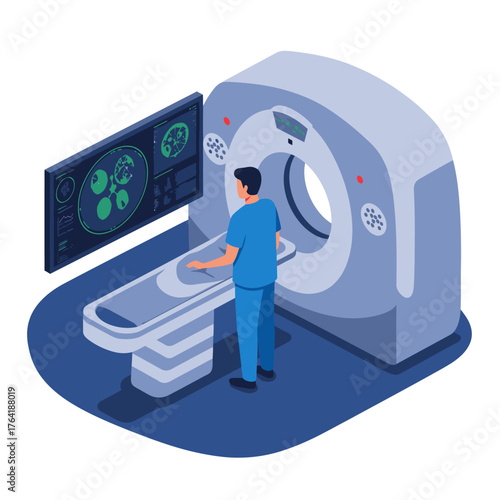 A dedicated medical professional operates advanced CT scanning equipment, meticulously analyzing detailed brain images for diagnostic purposes in a modern healthcare facility.