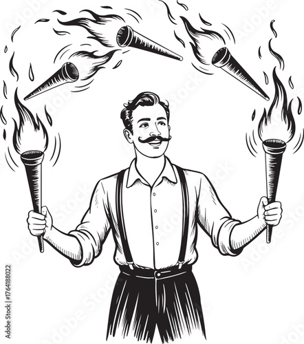 Vintage Circus Performer Juggling Flaming Torches