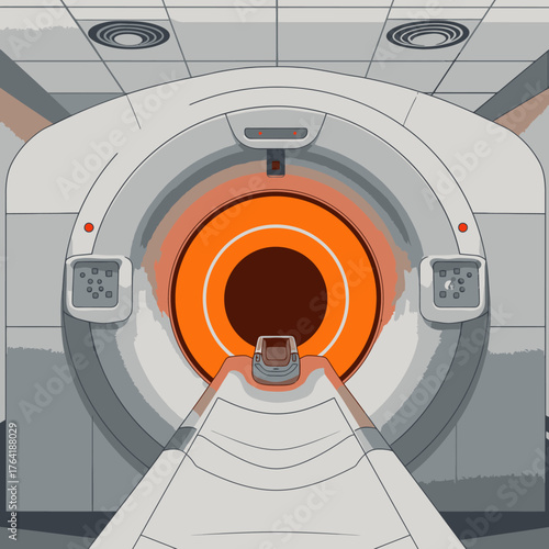 An advanced medical diagnostic scanner, resembling an MRI or CT unit, presents a bright orange glowing opening, awaiting a patient for examination.