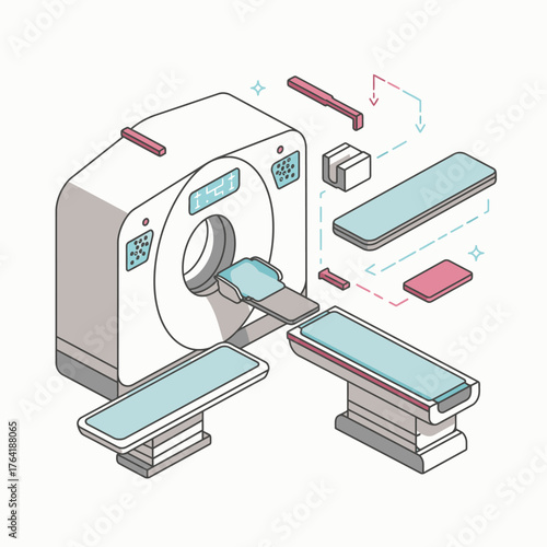 An isometric illustration showcases a modern computed tomography (CT) scanner, representing advanced medical diagnostics and healthcare technology with precision and clarity.