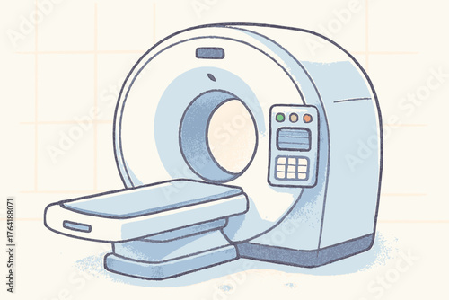 A clean, modern illustration of a computed tomography (CT) scanner, essential medical equipment used for advanced diagnostic imaging in hospitals.