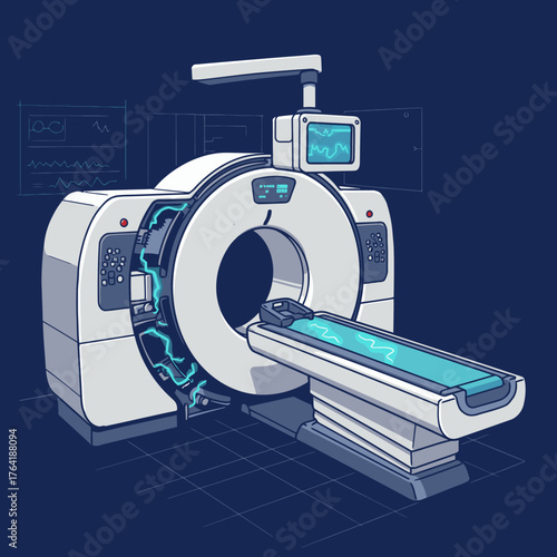 This detailed illustration of a modern computed tomography (CT) scanner highlights advanced diagnostic technology crucial for precise medical imaging and healthcare.