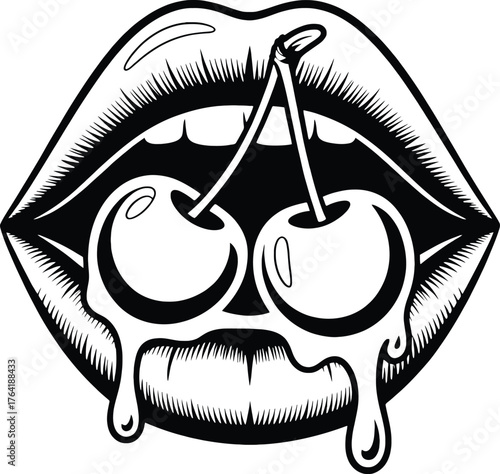 Open Mouth with Dripping Cherries Between Lips in Black and White vector illustration