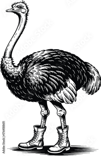 Ostrich Wearing Boots Illustration Vintage Style flightless
