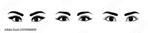 Set of hand drawn eyes. Black and white pencil drawing, sketches of the eyes of a woman.Set of different human eyes silhouette. Eye shapes with eyelash. Hand drawn Eyebrow vector illustration.