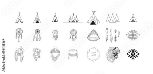 Tribal African design elements. Ethnic traditional shapes and ornaments, black and white ritual mask, vases and borders. Hand drawn dividers and mystic symbols isolated on white vector set, vector ill