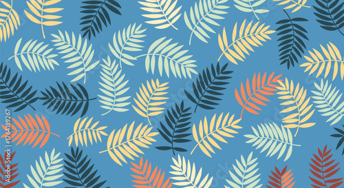 Vibrant seamless pattern of stylized tropical palm leaves.
