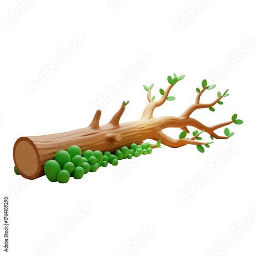 Cartoon fallen tree trunk isolated on transparent background with green sprouts