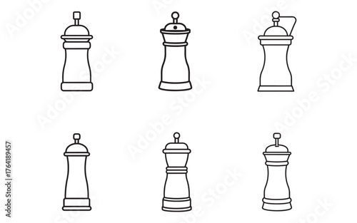 Variety of pepper mills line art design kitchen accessories condiments seasoning vector illustration six different designs isolated on white background