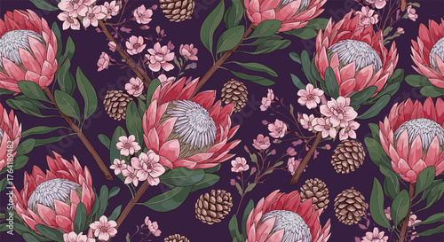 Vibrant Protea and Cherry Blossom Floral Pattern on Dark Background.