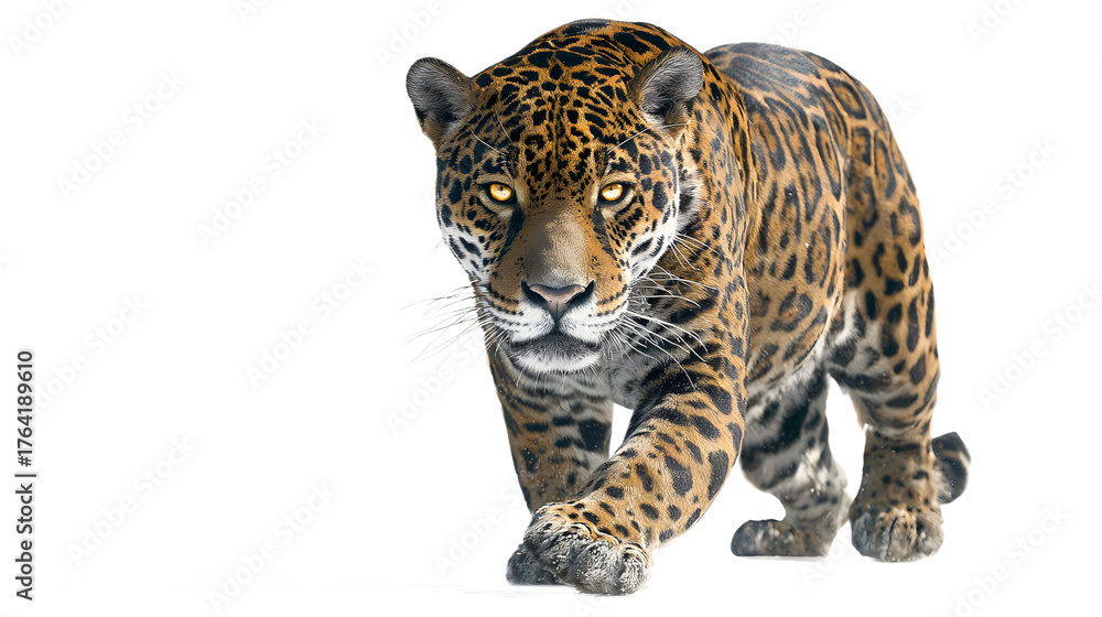 Obraz premium Closeup of a jaguars face as it walks forward, its intense gaze and unique spotted pattern highlighted against a plain transparent background