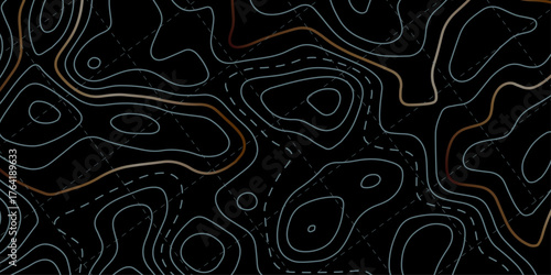 Topographic contour lines on dark background. Abstract topographic map lines with glowing gold and brown contours on a dark background. Topographic map background.