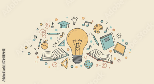 Spark creativity and learning with this vibrant illustration, featuring educational icons of books, music notes, and art supplies, perfect for back-to-school and educational projects.