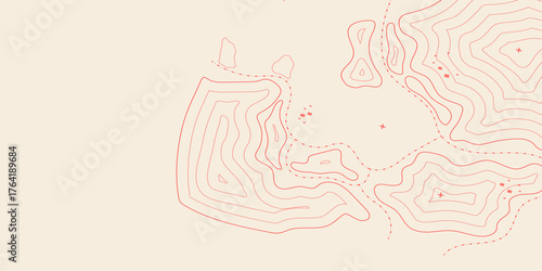 Minimal topographic line map background in beige and red. Topographic lines background. 
