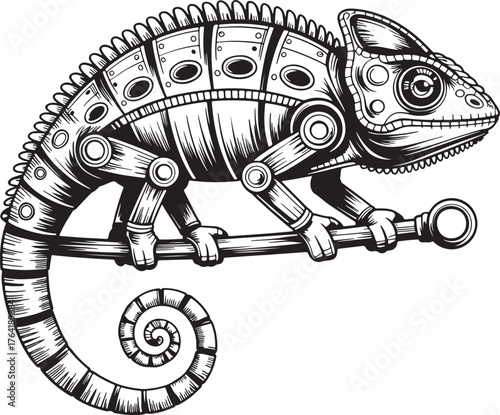 Steampunk Chameleon Perched on a Branch mechanical robotic