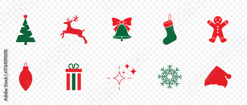 Modern christmas symbol collection with tree santa hat gift reindeer head stocking candy cane snowflake and holly, bright color icon pack, flat style vector
