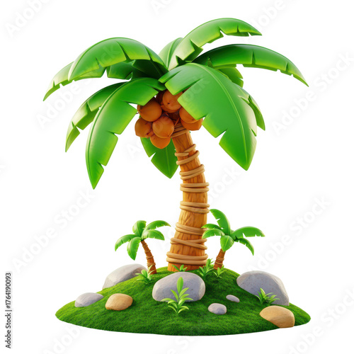 Isolated on transparent background, a cartoon palm tree on a small island