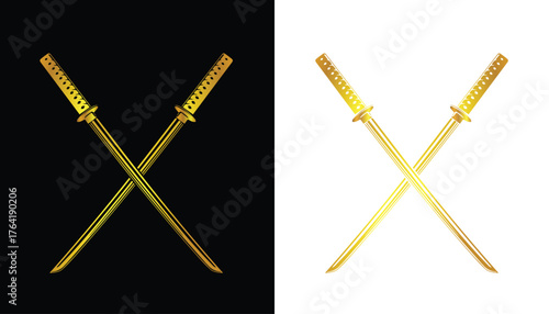 Vector logo image of a samurai sword variation with cool and attractive gold color variations with a black and white background for various design purposes.
