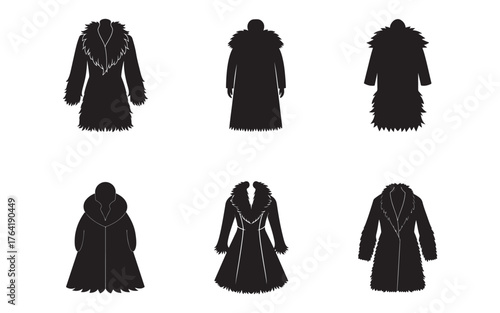 Winter Fashion Fur Coat Silhouettes Collection Various Designs for Cold Weather Wardrobe Elements Illustration on White Background