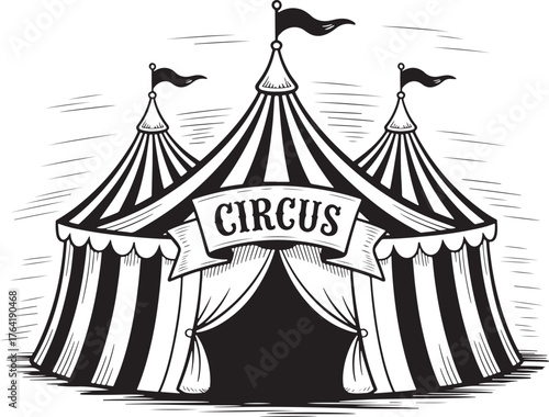Vintage circus tent with striped awnings and flags in black and white sketch style big top carnival