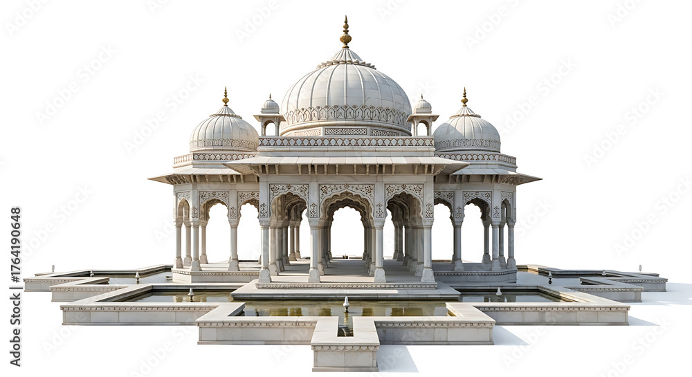 Obraz premium Bara Dari Pavilion In Jaipur India Reflected In Water On A White Background