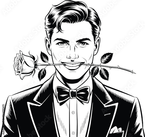 Handsome Man in Tuxedo Holding Rose in Mouth
