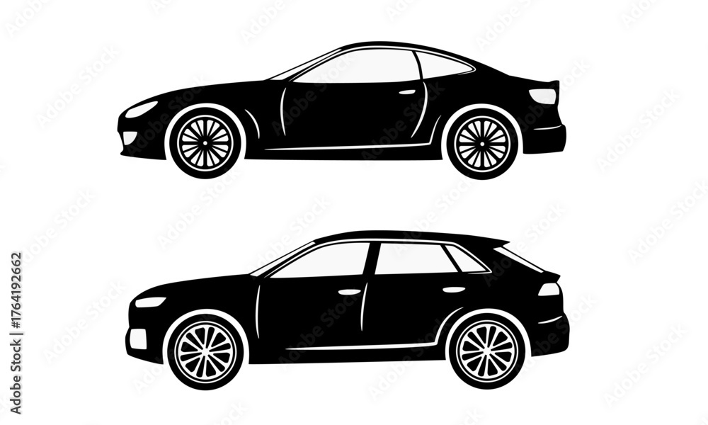 Fototapeta premium Black car silhouette of sedan and SUV, side view isolated on a white background