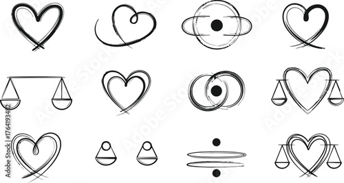 Vector art of collection of handdrawn heart and balance scale icons