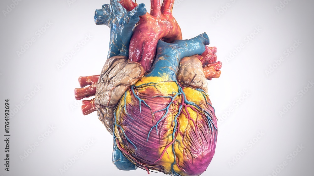 Naklejka premium Anatomical Heart Depiction: A Colorful and Detailed Representation of Human Cardiovascular System, for Medical Study or Educational Visuals