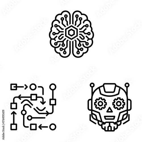 AI Machine Learning Icon Set Brain Algorithm Robot Outline