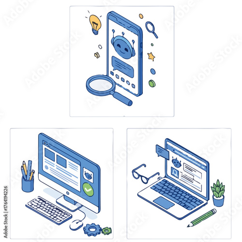 AI Technology Workplace Isometric Set. Offices Using Artificial Intelligence, Machine Learning and Generative Tools for Content Creation and Prompt Engineering.