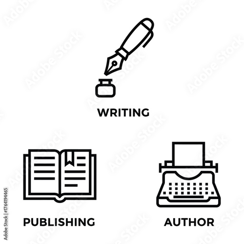 Publishing Writing Icon Set Pen Book Typewriter Line Art
