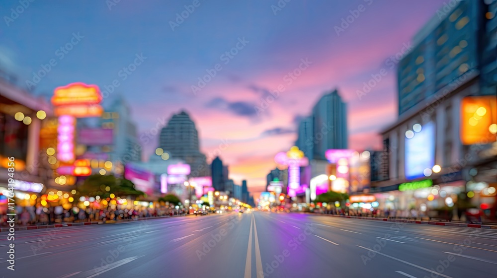 Naklejka premium Vibrant City Street at Dusk with Colorful Neon Lights and Blurred Architecture in a Bustling Urban Environment