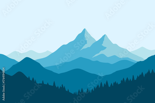 Minimalist Mountain Landscape with Blue Gradient Layers