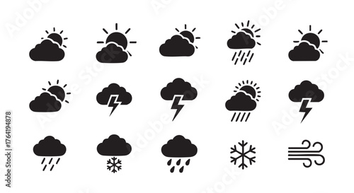 Set of weather forecast glyph icons showing different weather conditions
