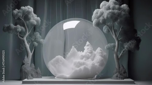 3D glass ball. Miniature forest with trees and clouds inside a glass dome on dark background