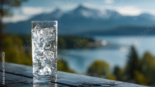 Fototapeta Naklejka Na Ścianę i Meble -  Tall glass filled with clear, cold liquid and ice cubes rests on a weathered wooden surface overlooking a scenic mountain lake.