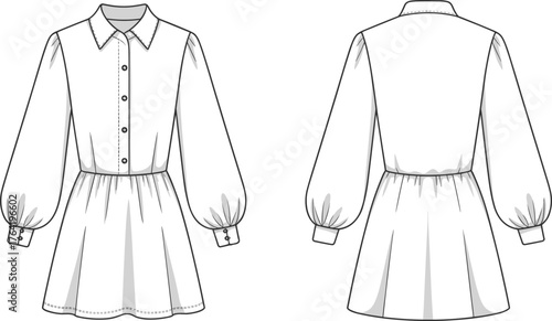 Dress fashion sketch, technical garment illustration, puff sleeve dress, flared skirt, front back view, cad drawing flat vector illustration