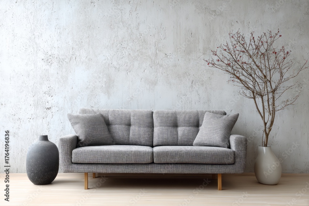Fototapeta premium Minimalist living room features a gray tufted sofa and decorative vases.