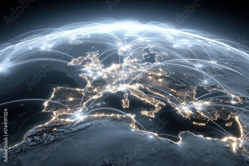 global network connections over europe at night